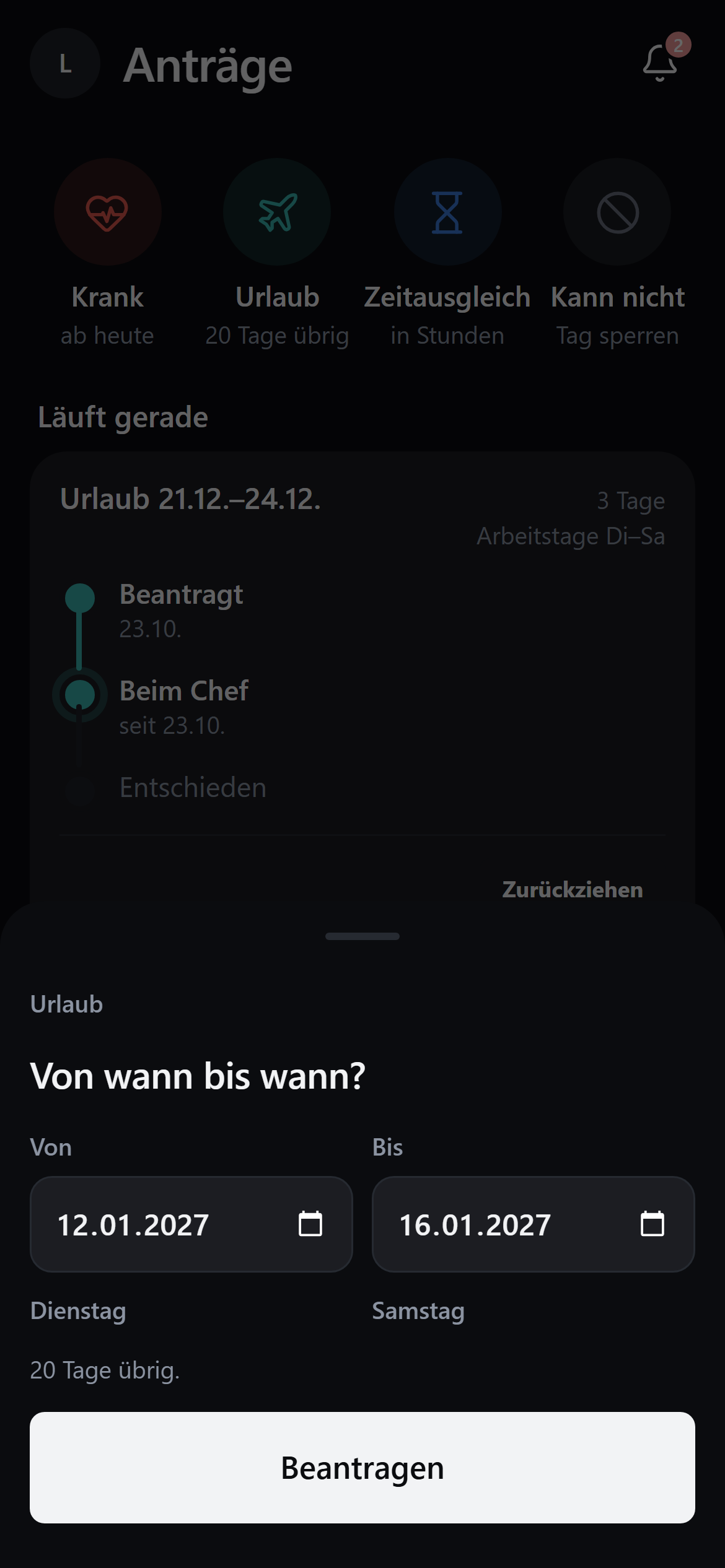 Handy-Formular Urlaub mit Von- und Bis-Datum und dem Knopf Beantragen
